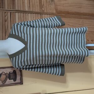 Denim & Co Active Green Striped V-Neck Top L